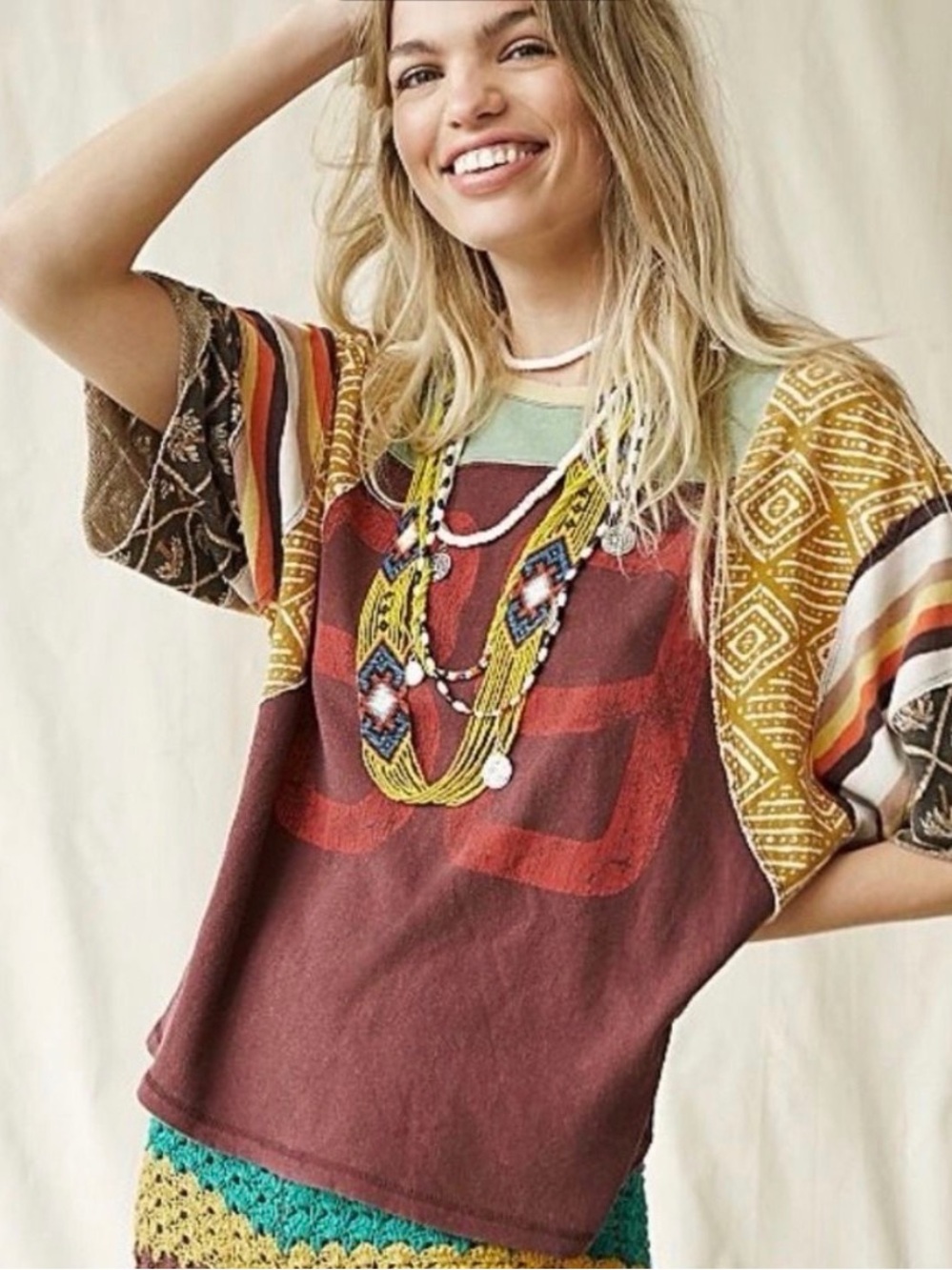 We The Free Burgundy Patchwork Short Sleeve Tee